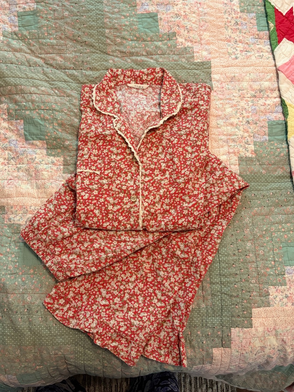 Floral Red Cotton Pajama Set with Contrast Trim